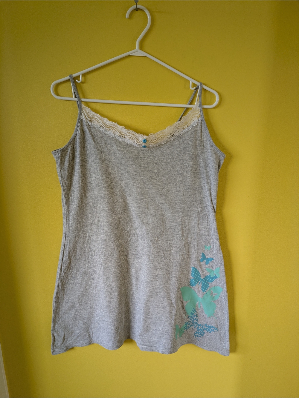 Night Top Women’s Light Gray Lace-Trim Tank with Mint Butterfly Print